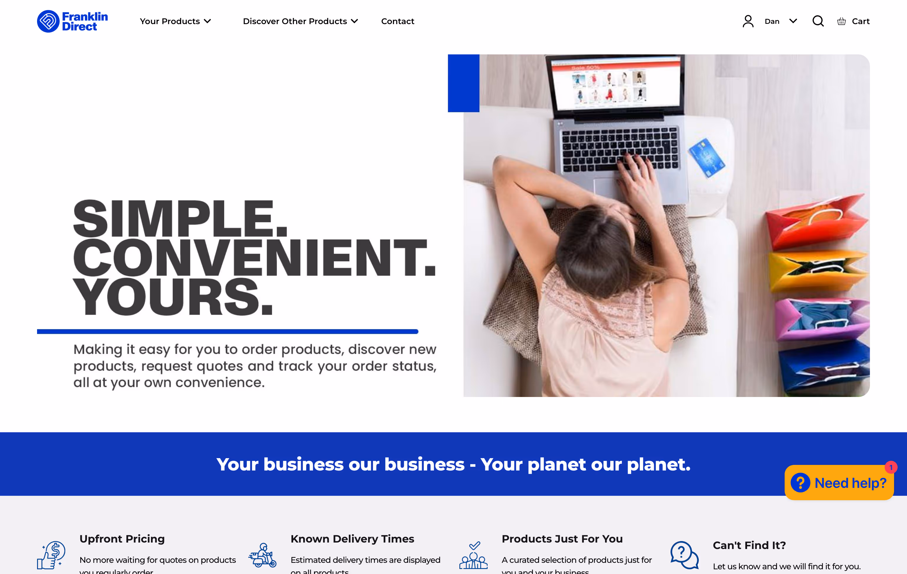 Screenshots of Franklin Direct's Shopify-based customer portal