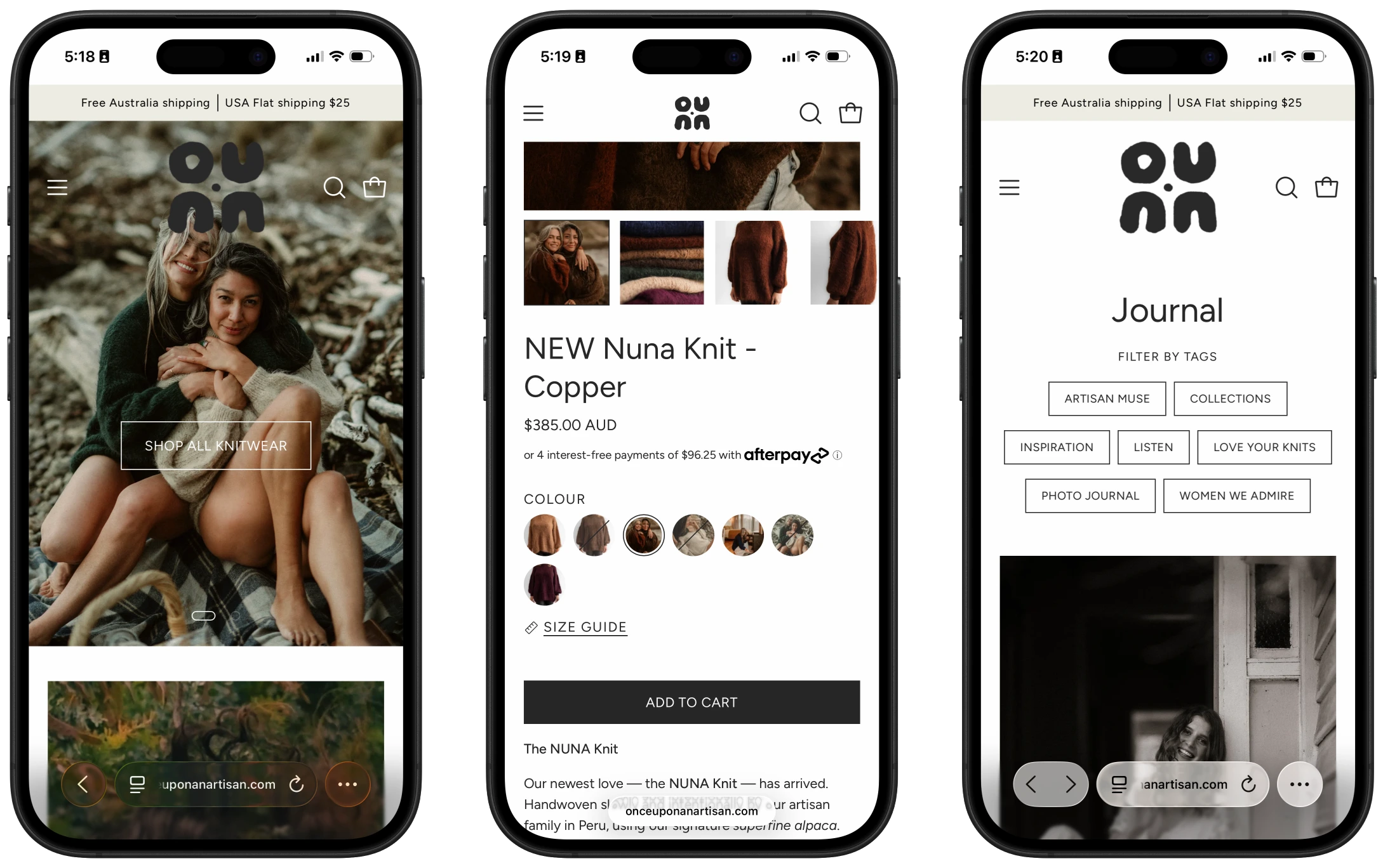 Screenshots of the new website on Shopify