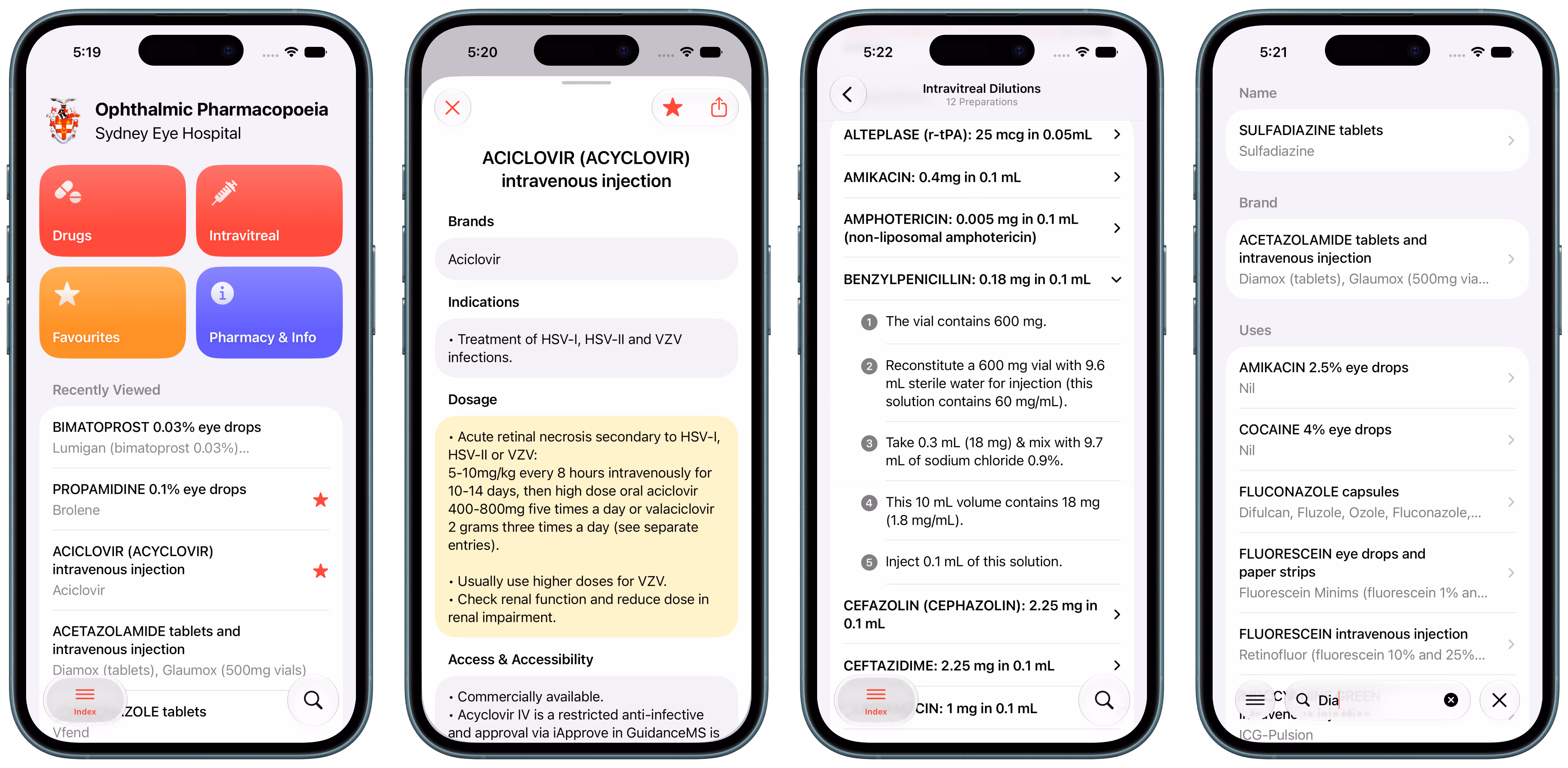 Screenshots of the Ophthalmic Pharmacopoeia app on an iPhone
