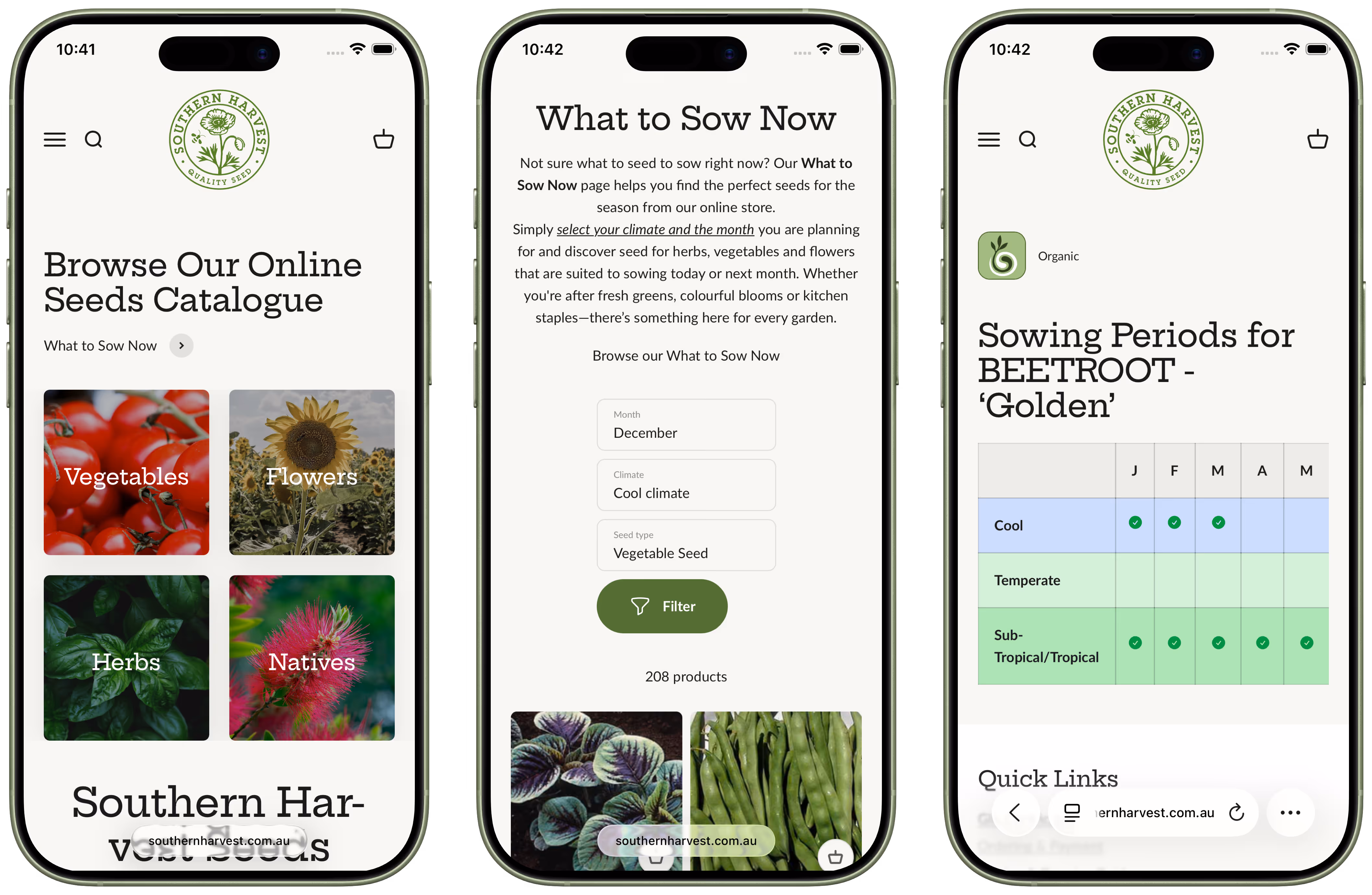 Screenshots of key Southern Harvest website features