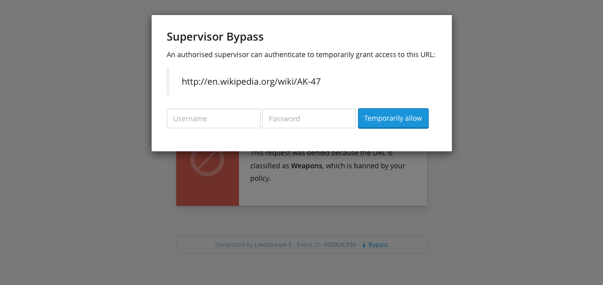 Supervisor Bypass user deny page form